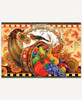 Cornucopia Delights wooden jigsaw puzzle captures a cornucopia full of fruits and vegetables with a bird sitting on top. The background is full of autumn leaves changing colors and sunflowers towards the bottom of the cornucopia. The top and bottom are frames with a repeating box pattern, giving it a movie reel look.