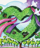 Close-up of Cross My Heart wooden jigsaw puzzle of two doves decorating a heart topiary with pink and purple ribbon with smaller heart-shaped bushes in the background.
