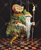Close up of a weary, long-bearded traveler in layered, textured clothing walking across a checkered floor. A large orange tabby cat rests on his back as if accompanying him on the journey.