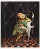 A weary, long-bearded traveler in layered, textured clothing walking across a checkered floor. A large orange tabby cat rests on his back as if accompanying him on the journey.