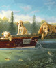Close-up of Fishing Lessons wooden jigsaw puzzle uncovering a group of four labrador retriever puppies in a fishing boat looking down at the fish in the water. A full grown lab is laying on the boat dock taking a nap while the puppies learn to fish.