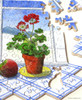 Close up of taken apart pieces of Window Dressing wooden jigsaw puzzle exhibiting a house plant sitting on decorative tiles next to an apple in front of a windowsill. Outside the window is a winter scene of white rolling hills with mountains in the distance.