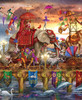 Close up of One Way Traffic wooden jigsaw puzzle, showcasing animals and performers dressed in costumes crossing over a gold bridge. Dolphins, swans, and fish swim alongside the bridge as birds fly in the sunset sky, following the crowd to the other side.