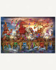 One Way Traffic wooden jigsaw puzzle showcases animals and performers dressed in costumes crossing over a gold bridge. Dolphins, swans, and fish swim alongside the bridge as birds fly in the sunset sky, following the crowd to the other side.