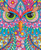 Close-up of Up Owl Night Wooden jigsaw puzzle featuring an owl made up of a vibrant array of designs and flowers. The owl's bright green eyes stare directly at the viewer.