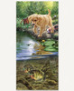 Nibbles wooden jigsaw puzzle captures an image above and below the surface of a body of water, featuring a Labrador Retriever puppy standing at the edge of the water with a fishing pole lying on the ground next to it. A fishing bobber is floating in the water as two fish swim towards the fishing hook with a worm on it.
