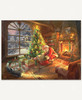 A handcrafted wooden jigsaw puzzle featuring a cozy Christmas Eve scene by Thomas Kinkade Studios. The artwork depicts Santa setting up a train set by a twinkling Christmas tree, with a roaring fireplace, festive stockings, and a snowy village visible through a grand window.
