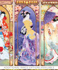 Close-up of Oriental Gate wooden jigsaw puzzle showing two of the four framed panels. The lady in the first panel is wearing a red kimono and has red roses blooming around her, a color that signifies autumn. The next panel has a dark blue background representing the cold chill of winter.