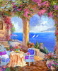 Close up of Bougainvillea Canopy wooden jigsaw puzzle presents an inviting seaside terrace covered with vibrant pink vines. A small round table with a linen cloth is set with wine, fruit, and glasses, surrounded by two white wicker chairs with lavender cushions. Beyond the stone archway, a deep blue sea sparkles under a bright sky, with white sailboats drifting across the water and distant hills on the horizon.