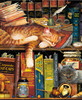 Close up of Russell The Reader wooden jigsaw puzzle capturing two cats enjoying a nap on a bookshelf. Both shelves are full of books with humorous cat themed titles and various knick-knacks. Three mice poke their heads out of their hiding spots – a seashell, "catprika" tin, and behind a book.