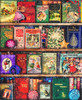 Close up of a whimsical wooden jigsaw puzzle featuring a festive bookstore shelf filled with classic Christmas tales.