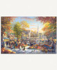 Pumpkin Festival wooden jigsaw puzzle captures a town square decorated with hay bails, pumpkins, and pennant streamers. People gather in their Halloween costumes to look at the jack-o-lanterns, participate in pumpkin carving, listen to music, watch a man juggle fire on a unicycle, and so much more!