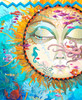 Close-up of Ocean Sunset wooden jigsaw puzzle bringing viewers underwater, where a sun with a face has one eye open as it looks at fish and a seahorse swimming by. The sun is blowing bubbles from its mouth that float up to the surface of a zig-zag water line. An octopus swims on the right side of the sun's face, while a crab and other fish hide in the aquatic plants.