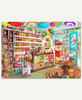 Colorful wooden jigsaw puzzle depicting a vibrant candy shop filled with shelves of candy, lollipops, a piñata, and a popcorn machine adorned with cotton candy.