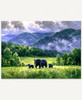 Room To Roam puzzle shows a family of black bears walking through a field in the wilderness, that is surrounded by mountains on a stormy day.