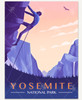 Vintage-style Yosemite National Park poster showing a man rock climbing up a towering mountain above a forest of pine trees. An eagle flies through a pastel sunset sky overhead, while bold “Yosemite National Park” lettering appears at the bottom of the image.