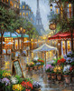 Close-up of Spring Flowers, Paris wooden jigsaw puzzle unveiling a rainy evening on the streets of Paris in front of a flower market. Bouquets are displayed outside the shop, adding color and life to the scene. Bright lights from the street lamps and restaurant across the walkway lead your eyes toward the center of the image, where you will find the Eiffel Tower peeking out from behind a building.