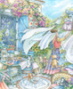 Close up of Laundry Day wooden jigsaw puzzle displaying a bustling garden scene with a woman hanging towels and teddy bears on clotheslines, surrounded by overflowing flower pots and garden furniture.