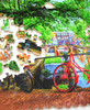 Pieces taken apart of Red Bike In Amsterdam wooden jigsaw puzzle, featuring a red bicycle parked on a shady brick pathway along a canal.  The canal stretches down through the middle of the image, with buildings and trees running along each side of it. Cars are parked on the side of the road and boats sit floating in the canal, while people walk around Amsterdam.