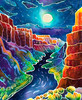 Close up of Moonlit Canyon wooden jigsaw puzzle, illustrating a night scene of a canyon illuminating under the moon's glow. A river flows in between the large rock structures with vegetation growing along the river bed.