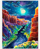 Moonlit Canyon wooden jigsaw puzzle illustrates a night scene of a canyon illuminating under the moon's glow. A river flows in between the large rock structures with vegetation growing along the river bed.