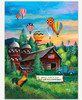 Race At Dawn wooden jigsaw puzzle displays eight hot air balloons taking off into the colorful sky. An old blue truck with a hot air balloon basket in the bed is parked in front of a red barn. A wire fence around the barn holds a sign reading, "annual dusk & dawn hot air balloon race."  A rooster looks up at the sunset sky as the balloons float by.