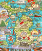 Close-up of Michigan, USA wooden jigsaw puzzle features a map of the state, filled with sites to see and all the things Michigan is known for. The map is decorated with small scenes of animals enjoying pasties, hiking along the river, visiting the Henry Ford Museum, and so much more.