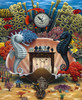Close up of a whimsical underwater scene featuring two seahorses playing chess inside a giant clam shell.