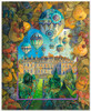 Soaring Over England wooden jigsaw puzzle captures the view of a castle from the backyard garden full of lush vegetation, as hot air balloons fly over head.