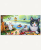 Handcrafted wooden jigsaw puzzle of cat grilling a picnic up for woodland friends on the riverside on a summer's day.
