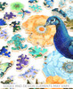 Pieces taken apart of handcrafted wooden jigsaw puzzle of a vibrant peacock sitting on a branch surrounded by flowers and blossoms. Edges and design elements may vary.