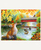Autumn For Little Fox wooden jigsaw puzzle introduces an autumn scene by a river, where a little fox cub is sitting and enjoying the company of monarch butterflies. One butterfly lands on his nose while a family of ducks obverse the scene from the water. A bright red cover bridge stretches across the river adding to the scenic autumn view.
