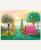 Camping Companions wooden jigsaw puzzle unfolds a tent and camping gear set up by trees and bushes as a group of curious critters sit outside the tent. Flowers and mushrooms bloom in the grass as feathers and petals dance around in the air. The pastel orange sky shines above a lake and mountains, brightening the scene.