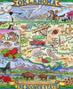Close up of Oklahoma, USA wooden jigsaw puzzle displaying a map of Oklahoma, full of small illustrations that represent the state, including Route 66, Bigfoot, buffalo, strawberries, and much more.