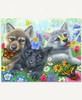 Butterfly Delight wooden jigsaw puzzle captures a spring day with three wolf pups laying in the grass. Butterflies flutter around the pack as one lands on a pup's nose. The blue sky and sunshine fills the background as flowers bloom around the wolves.