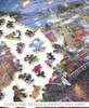 Pieces taken apart of Moonlight Over Lombard wooden jigsaw puzzle, revealing the busy streets of San Francisco.  City buildings and headlights illuminate the roads and bridge.