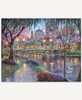 Lagoon Bridge wooden jigsaw puzzle showcases an evening scene in the park along the bay. Trees and flowers bloom as petals fall on a pathway leading to a bridge. Across the bridge is a statue of a man on horseback with city buildings in the background.