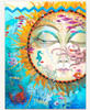 Ocean Sunset wooden jigsaw puzzle brings viewers underwater, where a sun with a face has one eye open as it looks at fish and a seahorse swimming by. The sun is blowing bubbles from its mouth that float up to the surface of a zig-zag water line. An octopus swims on the right side of the sun's face, while a crab and other fish hide in the aquatic plants.