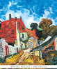 Close-up of Red Roofs In Auvers wooden jigsaw puzzle, presenting a rural village full of traditional old farm cottages on an unpaved dirt road. Vincent Van Gogh creates texture through brushstrokes to create bricks on the walls, pan-tiled roofs, and leaves on trees.