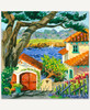 Nestled In Carmel wooden jigsaw puzzle shows a Mediterranean-style house with a lakeside view. A white sailboat floats off in the distance.
