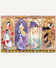 Oriental Gate wooden jigsaw puzzle shows four framed panels, each representing the changing seasons, with four women dressed in traditional Japanese clothing. The lady in the first panel is wearing a red kimono and has red roses blooming around her, a color that signifies autumn. The next panel has a dark blue background representing the cold chill of winter. The third panel of spring is bright with pastel colors and cherry blossoms. The final panel has orange and red hues throughout, signifying the warmth of summer.