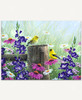 Goldfinch Meadow puzzle features two birds perched on a wooden fence post surrounded by foliage and wild flowers in a meadow.