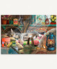 Laid Back Tom wooden jigsaw puzzle unveils a tabby cat lounging on a quilt next to piles of burlap sacks in a shed. The shed is full of gardening tools, such as watering cans, shovels, plant food, and flower pots. Two mice chew a hole in one of the burlap sacks with seeds pouring out. A bird sits on a piece of glass in the broken window, watching the cat napping.