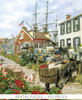 Close-up of Mystic Memories wooden jigsaw puzzle bringing you back in time to a summer day in the ship-building village of Mystic, Connecticut. A boy stands in the middle of a cobblestone pathway, loading vegetables into panniers on a donkey.  A ship's masts stand tall behind a brick house with an American flag waving in the wind.