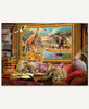 Savannah Coming To Life wooden jigsaw puzzle illustrates the inside of a home with a couch, bookshelves, and a coffee table. Hanging up on the wall is a large painting in a gold frame of the savannah. Animals -cheetahs, lions, giraffes, and birds – are coming out of the frame and into the living room. Three cheetahs lay on the couch as birds sit on a pile of books, a globe, and a pillow.