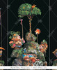 Close-up of the center panel from Six Bird Hunters In Full Camouflage wooden jigsaw puzzle. A bird sitting high on a fruit tree with its roots wrapped around a boulder. The boulder balances on top of a mossy rock formation where three guys stand as they wait to hunt the bird. The other two panels each have a person standing on a small rock formation. All the hunters dress in camouflage – consisting of fruit, mushrooms, feathers, butterfly wings, and rocks – as they hold long sticks with hammers and a fish tied to the ends. The colors of the image stand out against the dark black background.