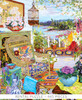 Close-up of Summer Light wooden jigsaw puzzle, revealing a wicker and floral porch oasis on the banks of a lake on a summer day. Freshly cut flowers in decorated vases and pots complement the furniture, pillows, and rug, making this a colorful and aromatic scene.