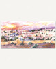 Jerusalem wooden jigsaw puzzle displays the Old City of Jerusalem, painted in yellow and purple watercolor. A limestone wall surrounds the city, with a gate leading out to grassland and trees. A building with a gold dome roof sits below the yellow glow of the sunset. Buildings off in the distance fade into the purple sky.