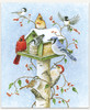 Gather In Harmony wooden jigsaw puzzle presents a green birdhouse feeder mounted on a birch post. Snowflakes fall and cover the top of the feeder. Chickadees, cardinals, a blue jay, a white throated sparrow, and a woodpecker gather to eat the seeds.