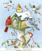 Close-up of Gather In Harmony wooden jigsaw puzzle presenting a green birdhouse feeder mounted on a birch post. Snowflakes fall and cover the top of the feeder. Chickadees, cardinals, a blue jay, a white throated sparrow, and a woodpecker gather to eat the seeds.